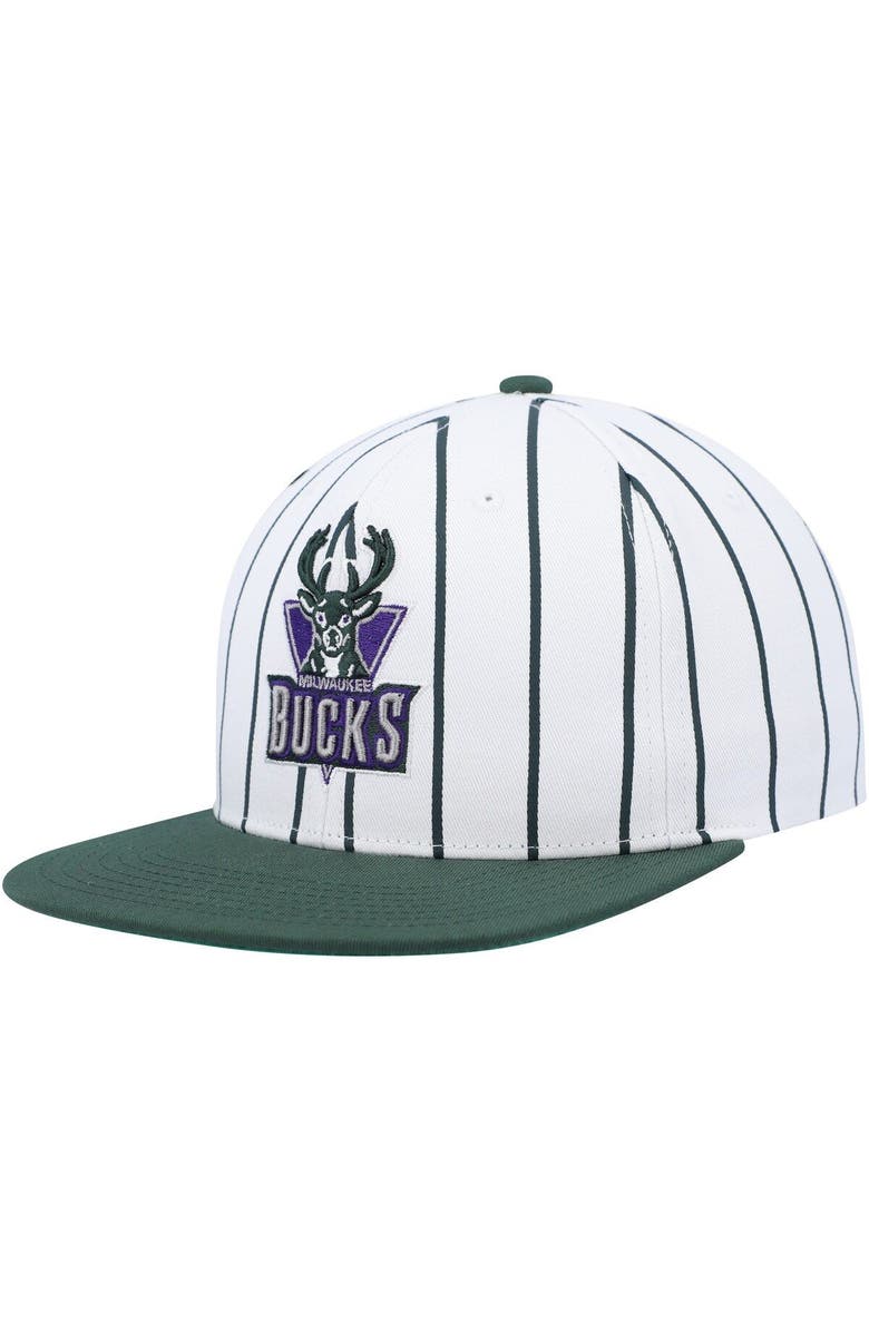 Mitchell & Ness Men's Mitchell & Ness White Milwaukee Bucks Hardwood Classics Pinstripe Snapback Hat, Main, color,