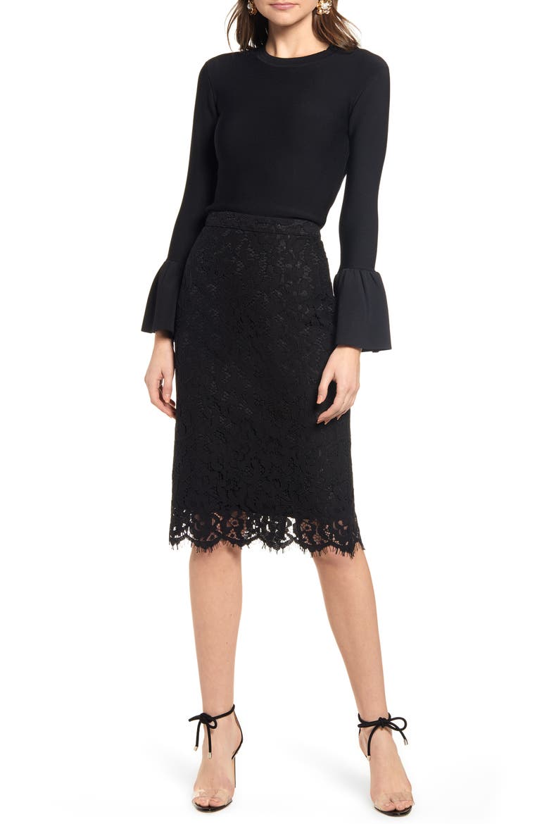 Lace Pencil Skirt, Main, color, BLACK