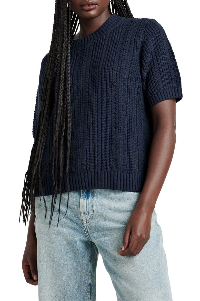 Lizzie Short Sleeve Cotton Blend Sweater, Main, color, NAVY