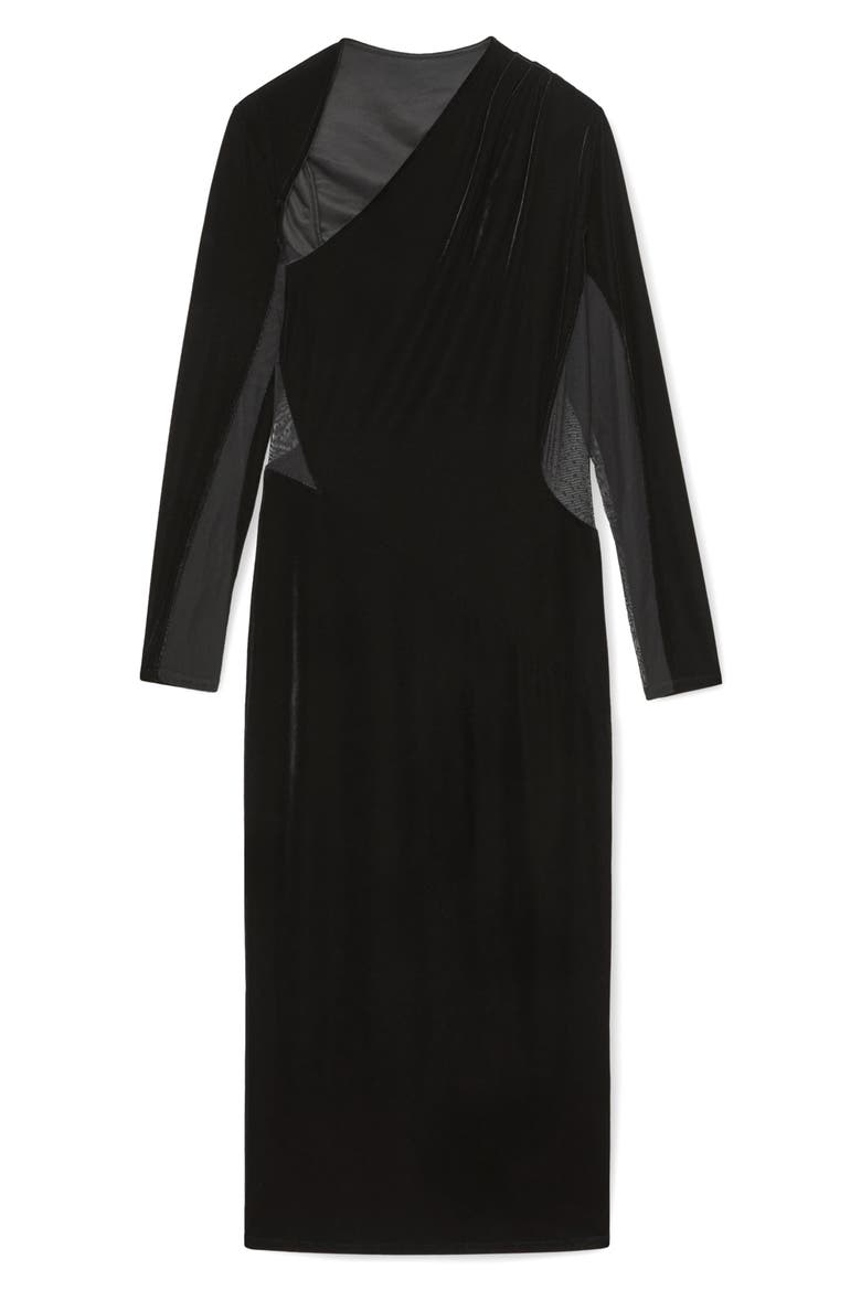 Kass Asymmetric Neck Long Sleeve Velvet Dress, Alternate, color, BLACK