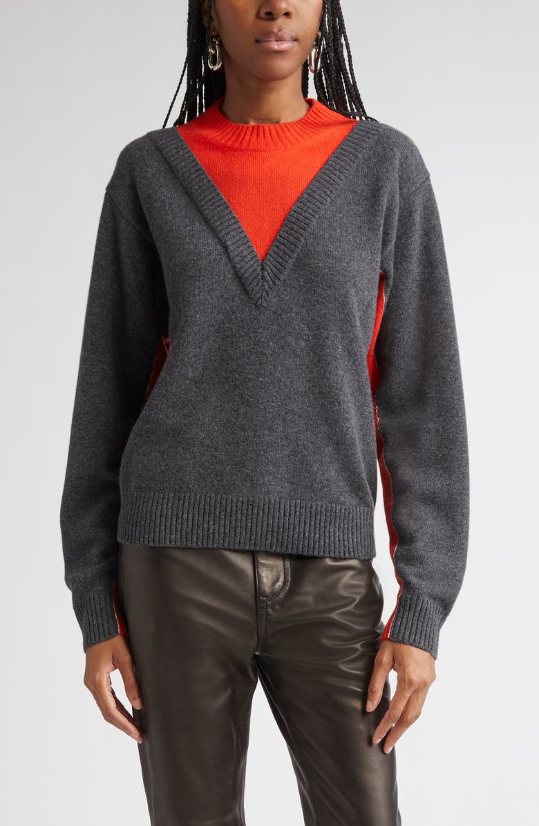 Rabanne Wool & Cashmere Layered Mock Neck Sweater, Main, color, Dark Grey / Red
