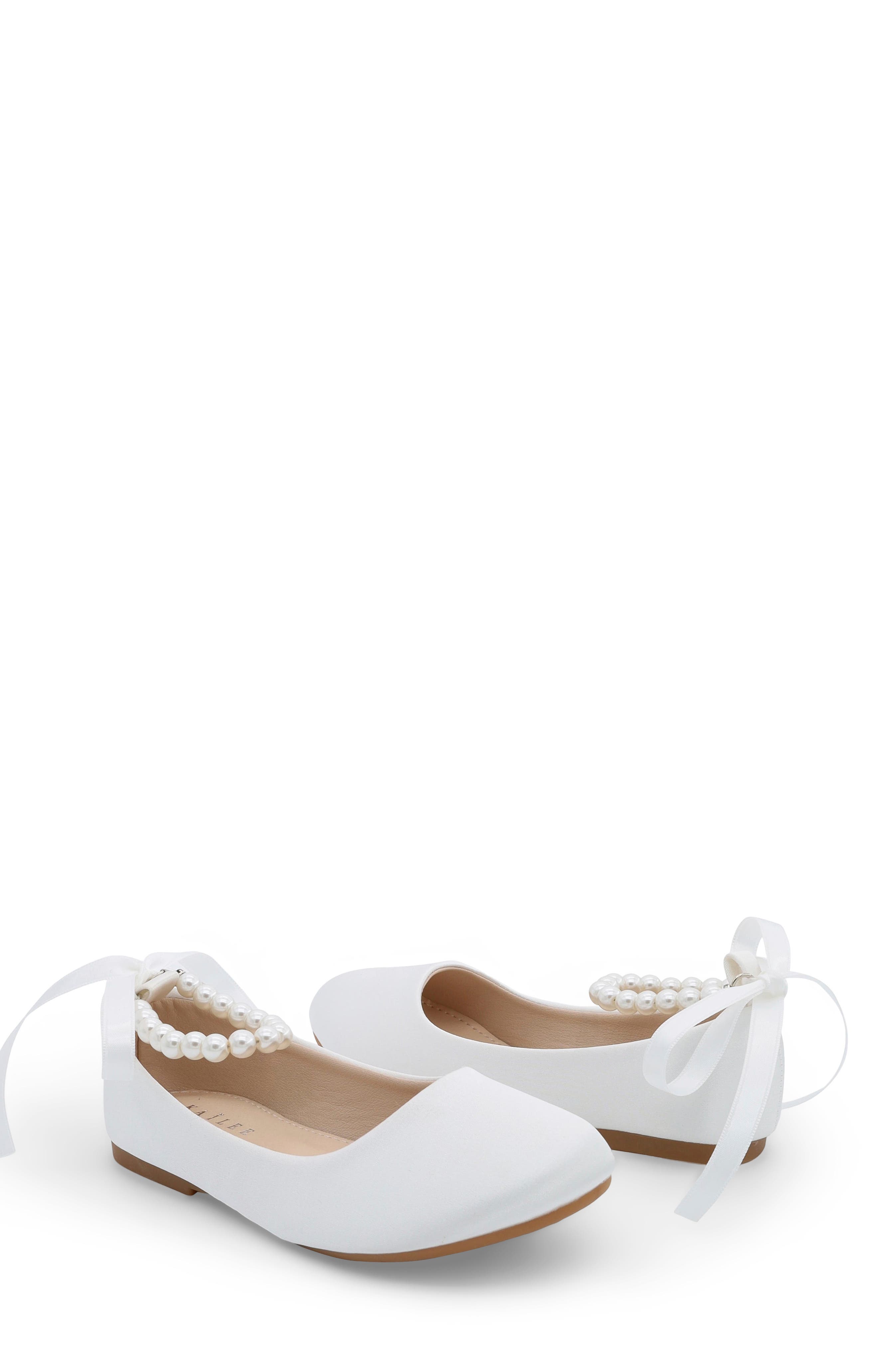 Harper Satin Girl Flats with All Pearls Strap, Alternate, color, White