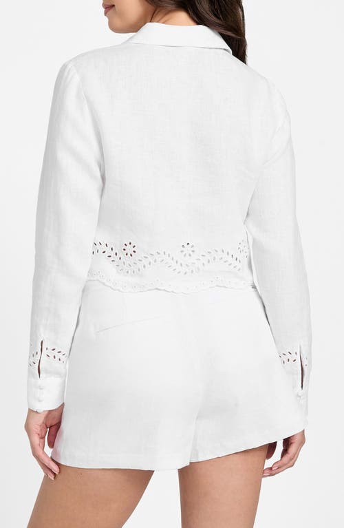Guess Leyna Embroidered Eyelet Crop Linen Shirt In White