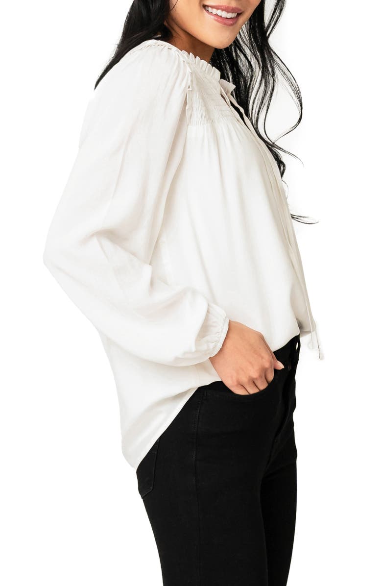 GIBSONLOOK Tie Neck Long Sleeve Smoked Yoke Blouse, Alternate, color, Ivory