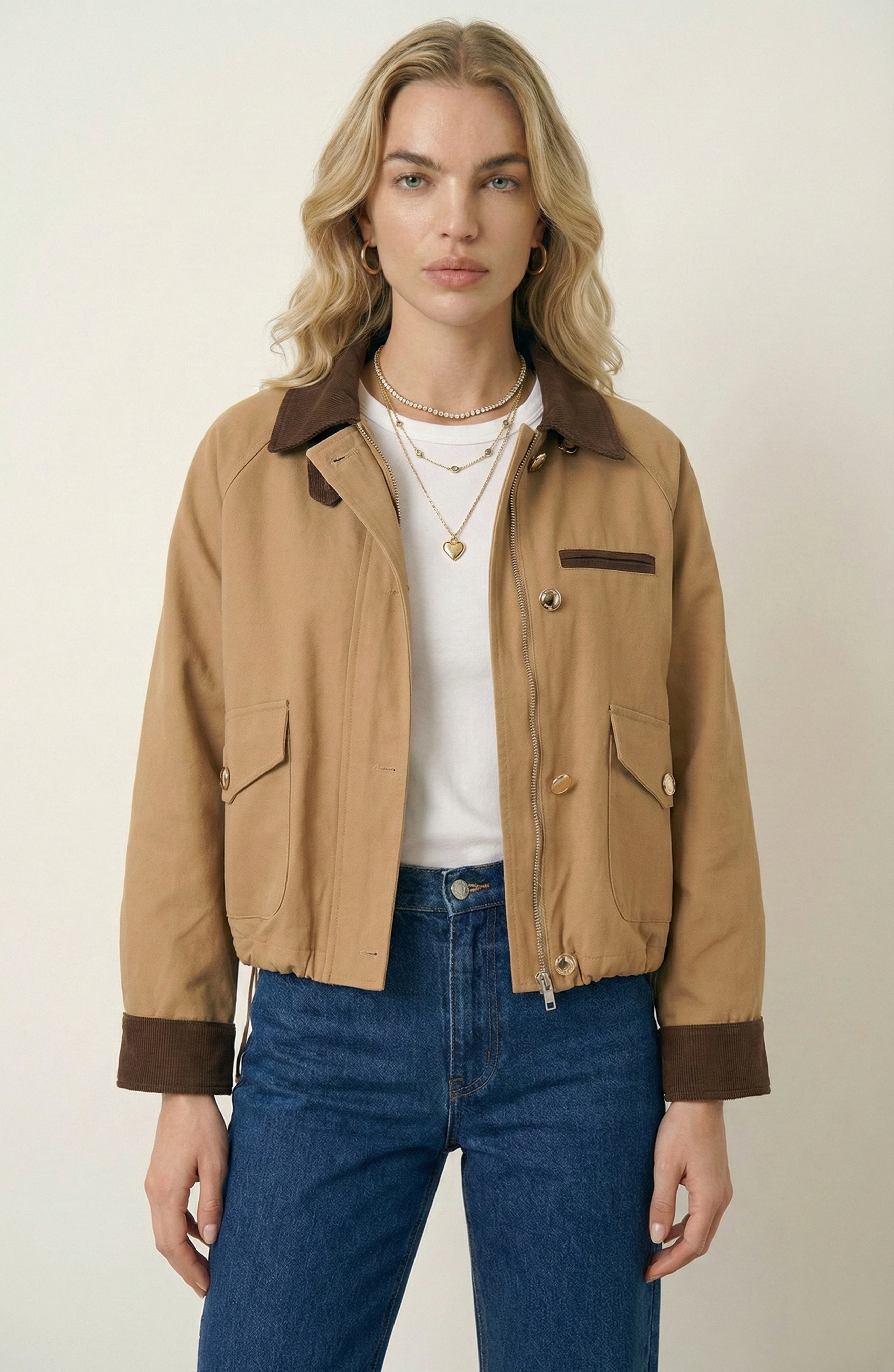 Cropped Contrast Collar Utility Jacket