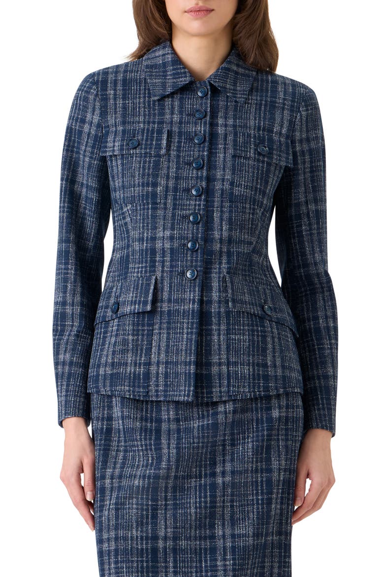 Delia Plaid Wool Blend Tweed Jacket, Main, color, NAVY-ECRU