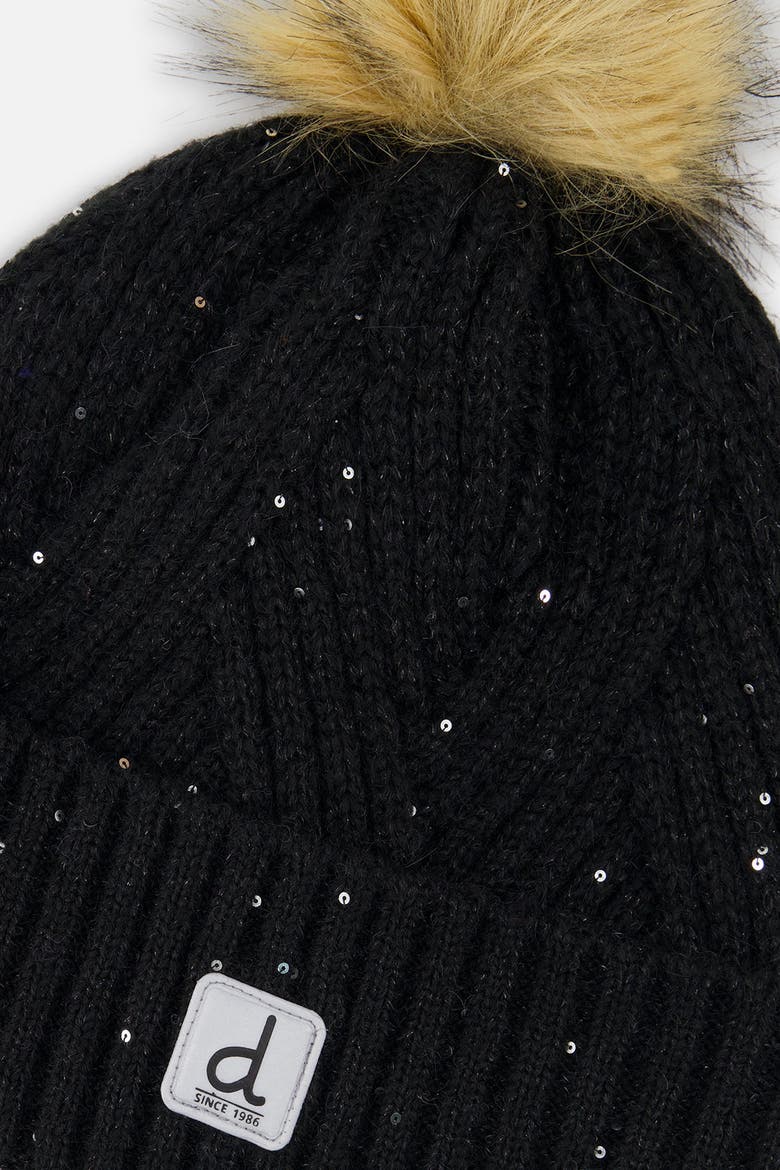Winter Fleece Lined Faux Fur Pompom Knit Hat, Alternate, color, Noir