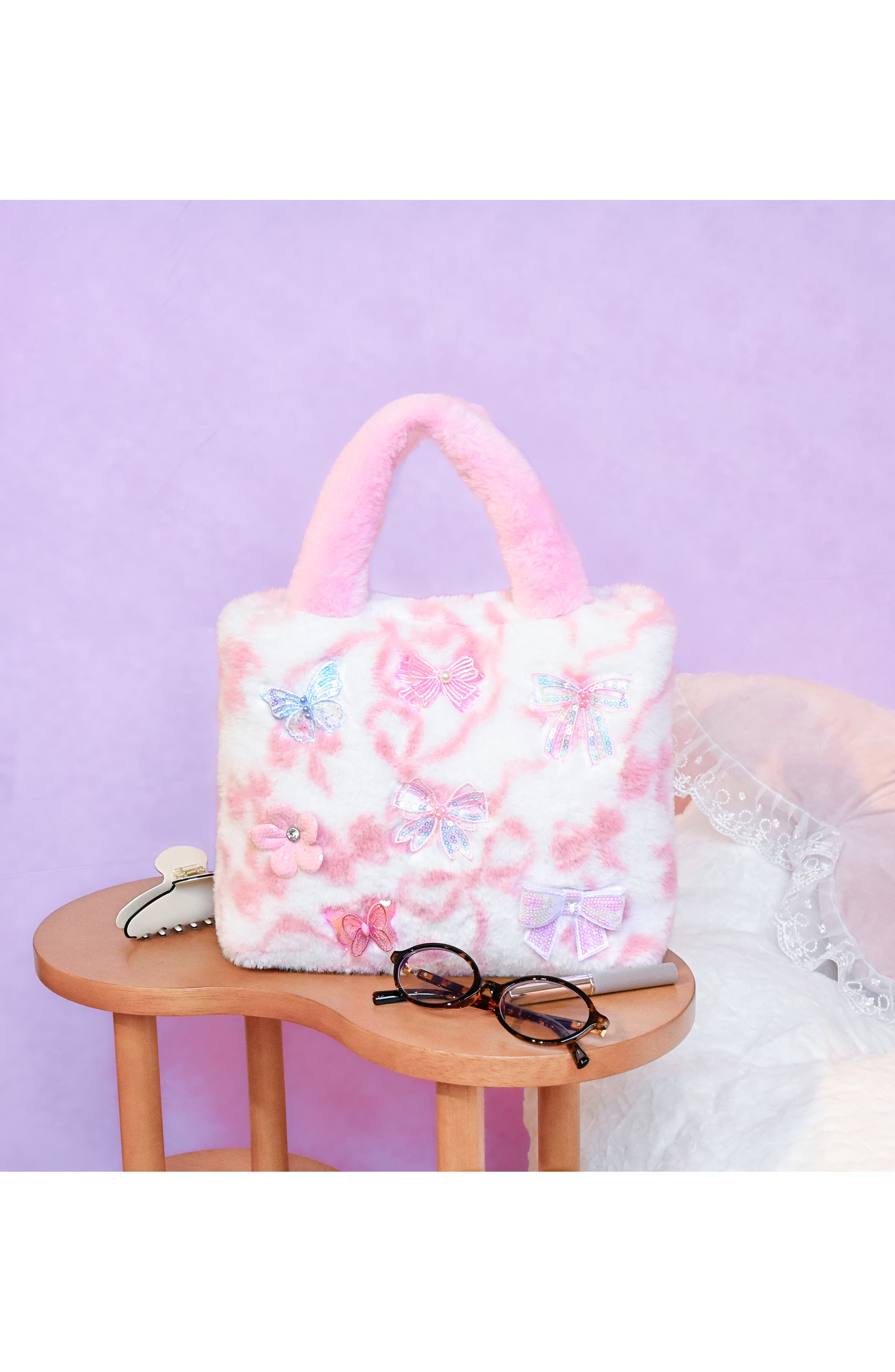 Kids' Bow Faux Fur Mini Tote, Alternate, color, COTTON CANDY