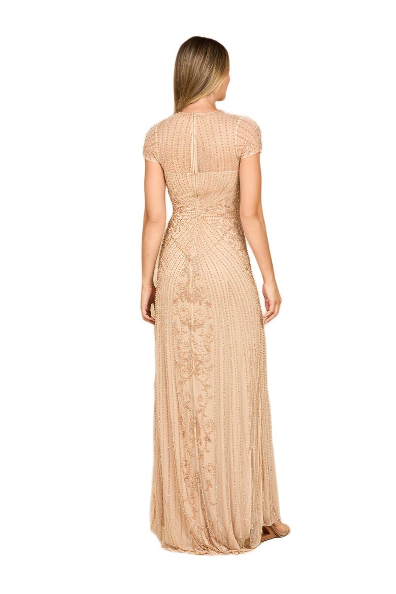 Beaded Cap Sleeve Illusion Plunge Gown, Alternate, color, Champagne