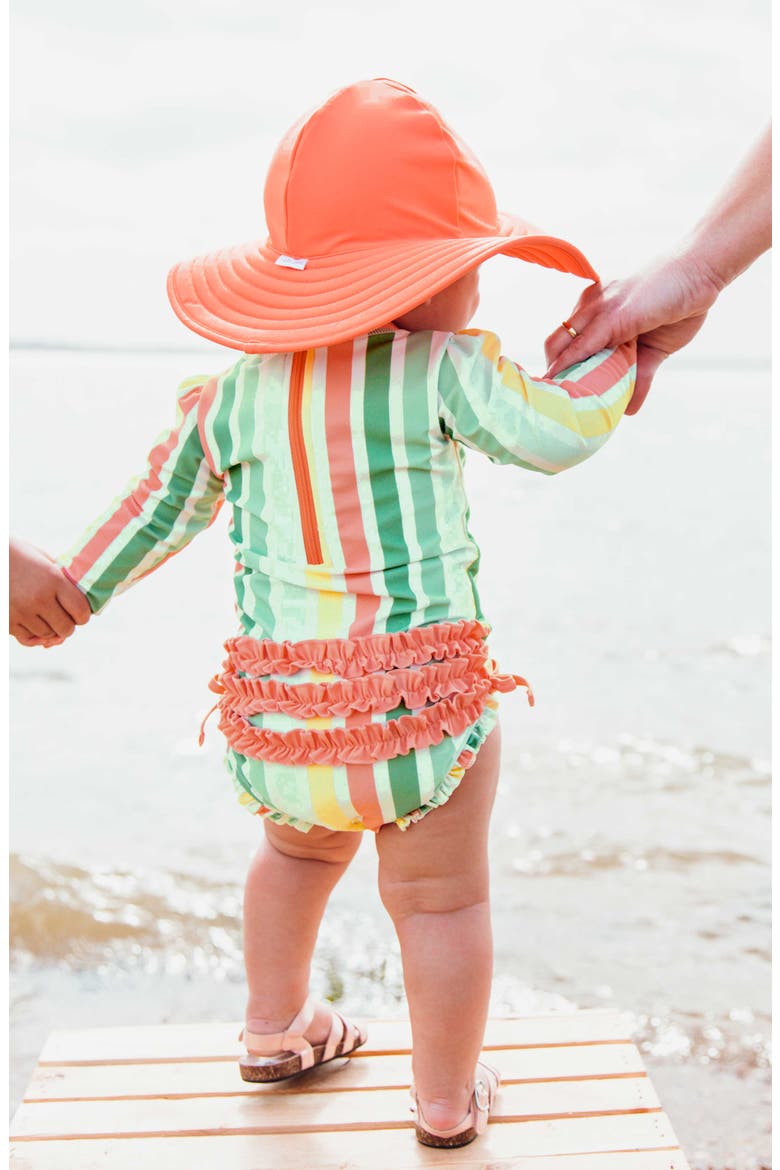 Saltwater Stripe One-Piece Rashguard Swimsuit & Hat Set, Alternate, color, ORANGE