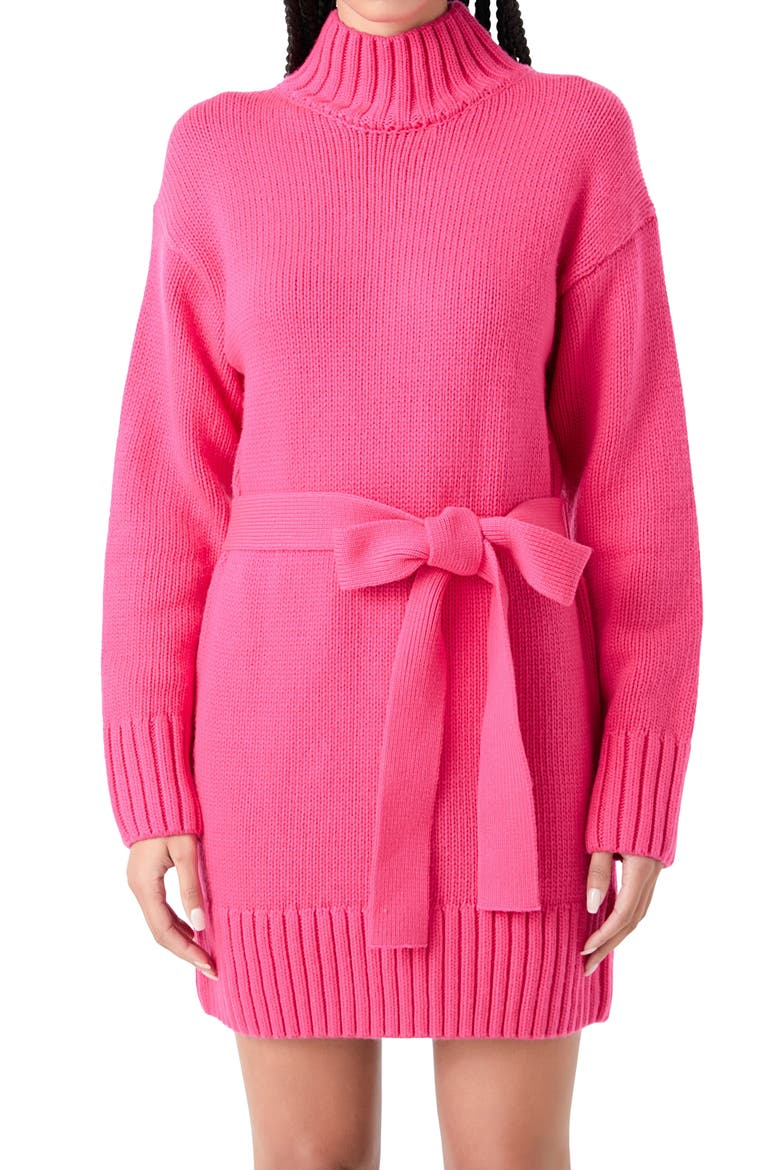 Tie Belt Long Sleeve Sweater Minidress, Alternate, color, FUCHSIA