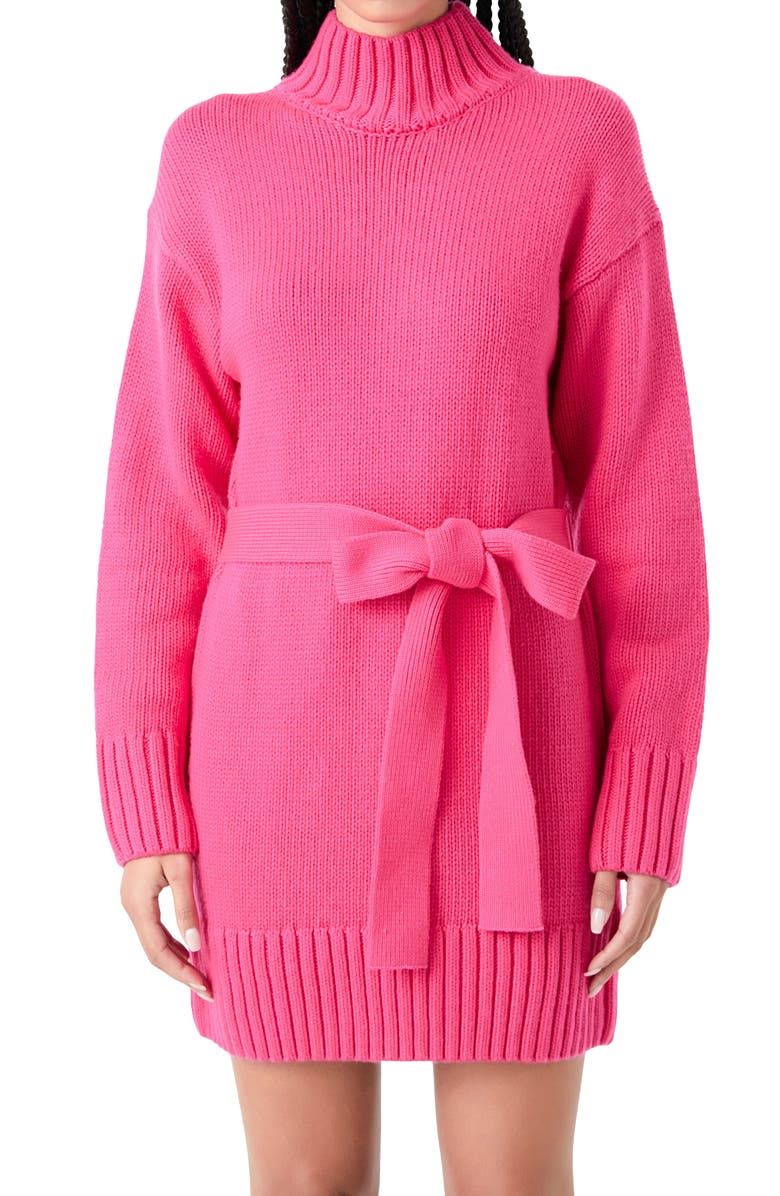 Grey Lab Tie Belt Long Sleeve Sweater Minidress, Alternate, color, Fuchsia
