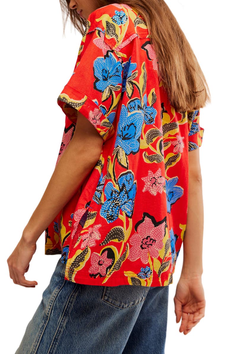 Free People Retro Tropics Palm Print Short Sleeve Button-Up Shirt, Alternate, color, Red Combo