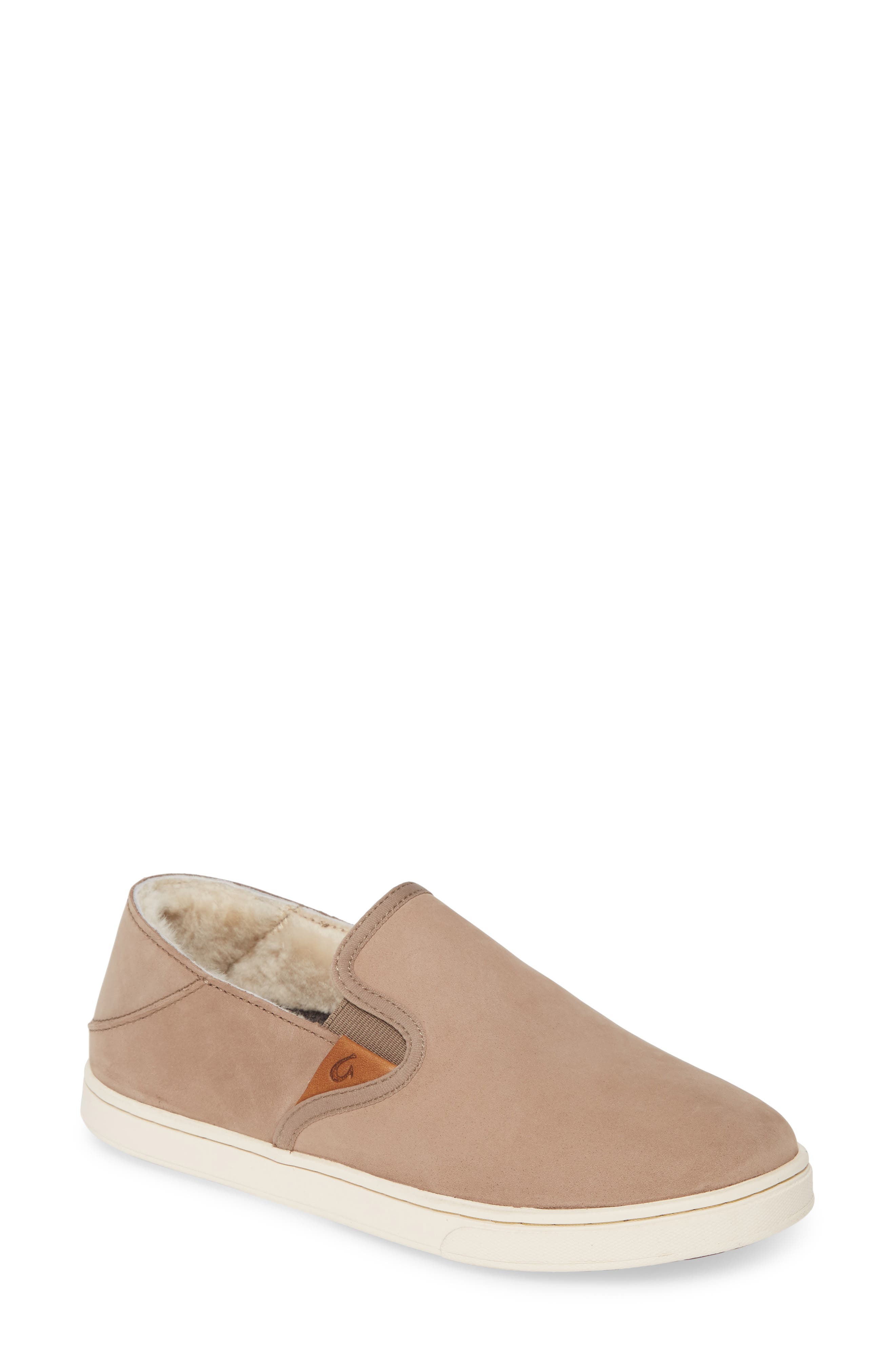 OluKai Pehuea Heu Genuine Shearling Waterproof Slip-On Sneaker, Main, color, Taupe Grey Leather