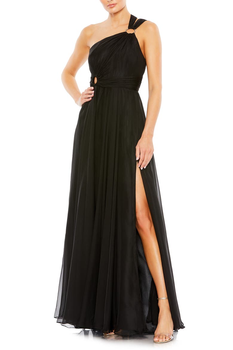 Stappy One-Shoulder A-Line Gown, Main, color, BLACK