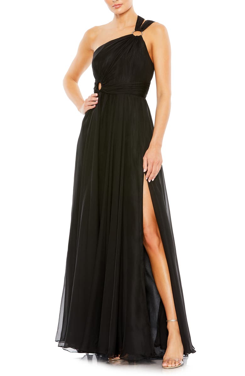 Ieena for Mac Duggal Stappy One-Shoulder A-Line Gown, Main, color, 
