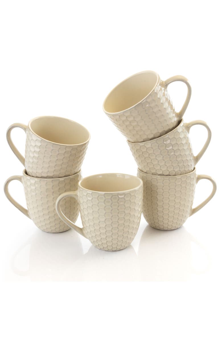 Elama Honeycomb 6 Piece 15 Ounce Round Stoneware Mug Set, Alternate, color, White