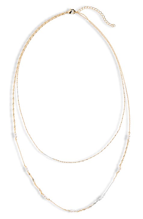 Faux Pearl Double Strand Chain Necklace