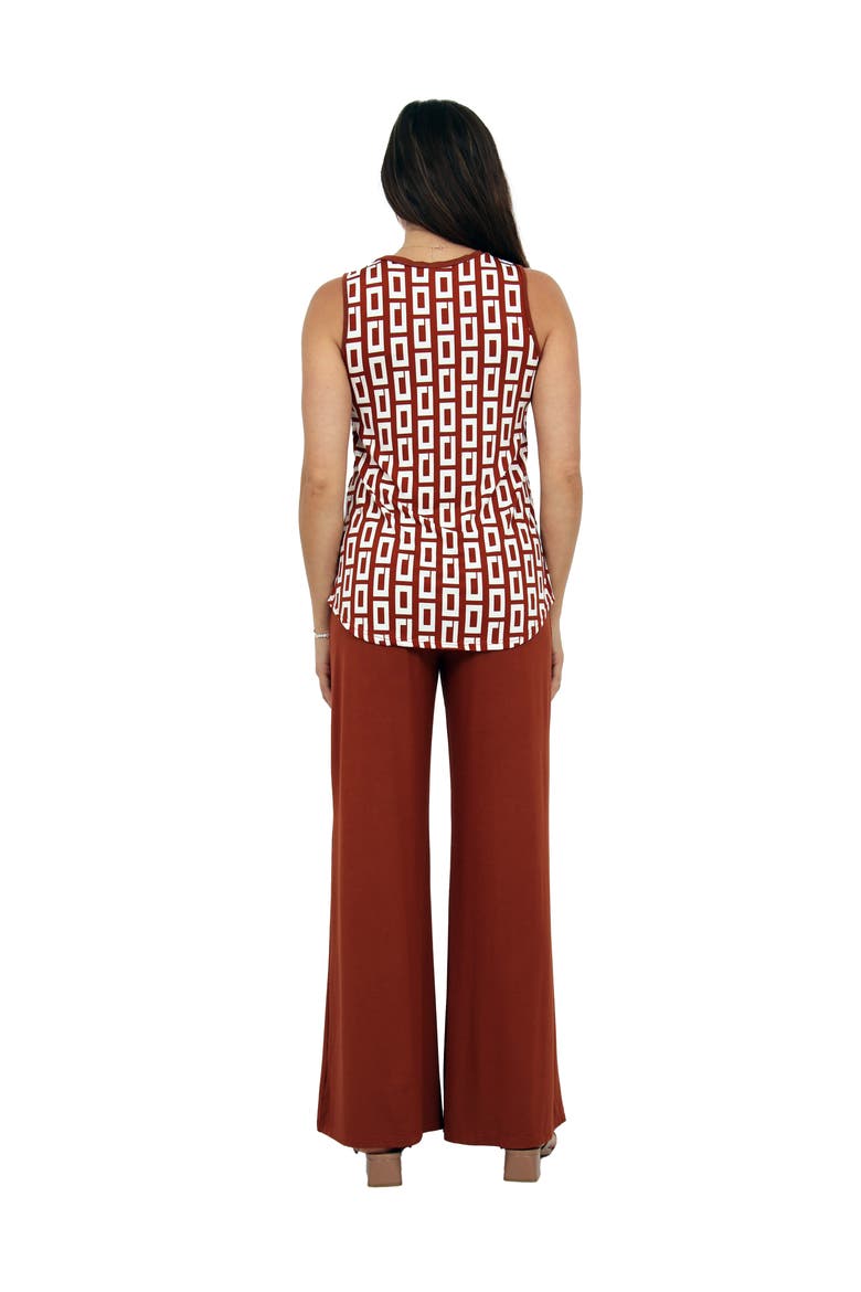 Womens Essential Abstract Print V-Neck Sleeveless Round Hem Top and Elastic Waist Flared Pant Set, Alternate, color, Orange Multi