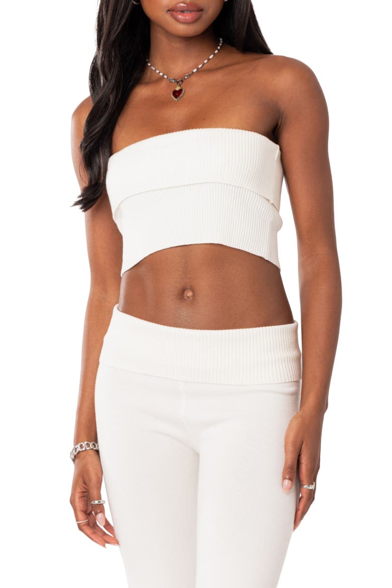 Desiree Foldover Strapless Rib Knit Crop Top, Main, color, WHITE