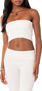 EDIKTED Desiree Foldover Strapless Rib Knit Crop Top