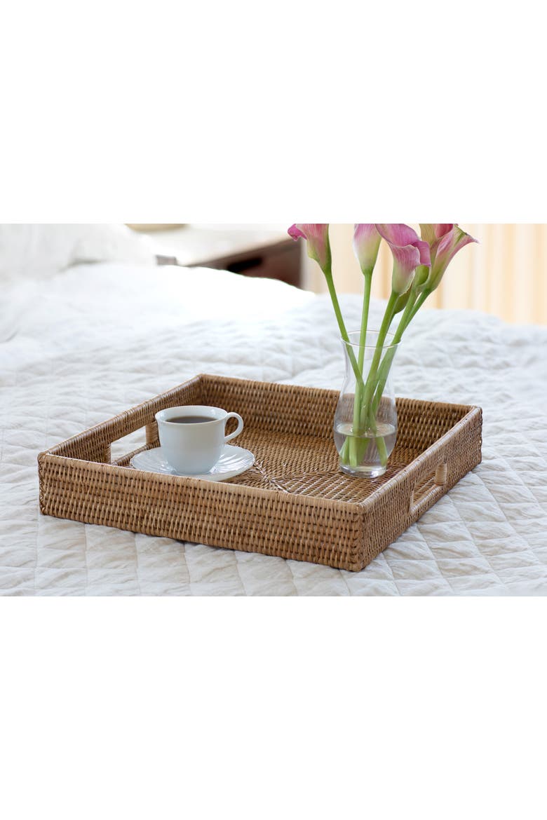 Artifacts Rattan Square Serving Tray with Cutout Handles, Alternate, color, Honey Brown
