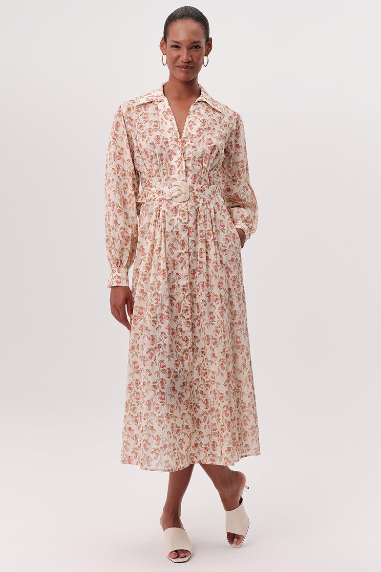 Katie Fitted Waist Floral Midi Shirt Dress, Alternate, color, Multi Color