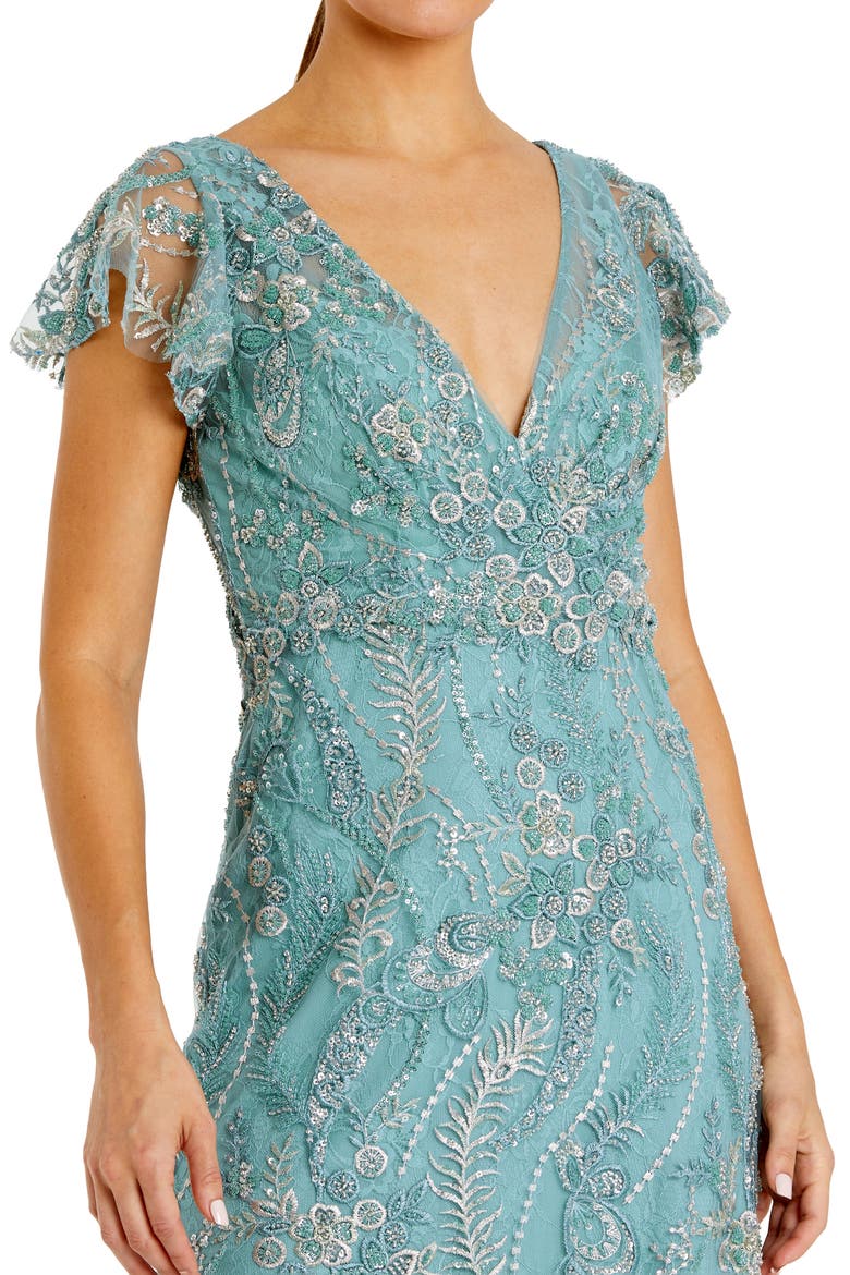 Petite V Neck Flutter Sleeve Floral Embroidered Gown, Alternate, color, Seafoam