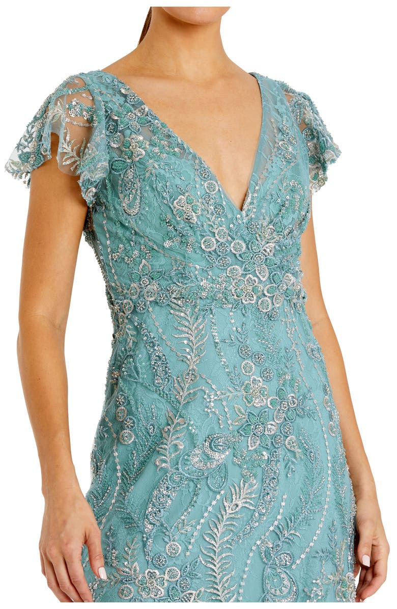 Mac Duggal Petite V Neck Flutter Sleeve Floral Embroidered Gown, Alternate, color, Seafoam