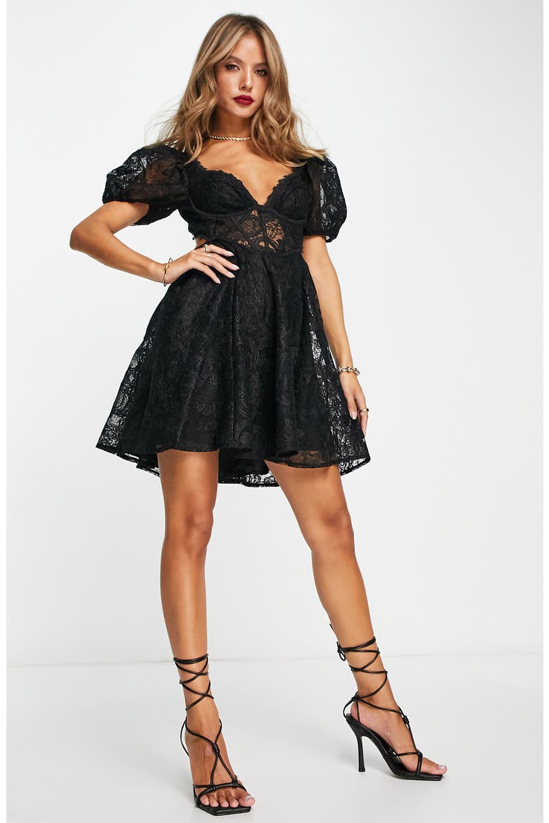 Cupped Puff Sleeve Lace Fit & Flare Dress, Main, color, BLACK