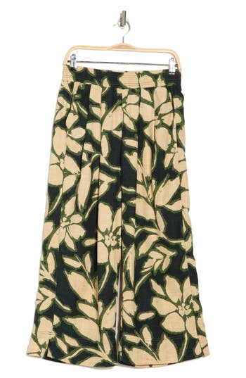Democracy Print Wide Leg Pants In Hunter Green/ecru Multi