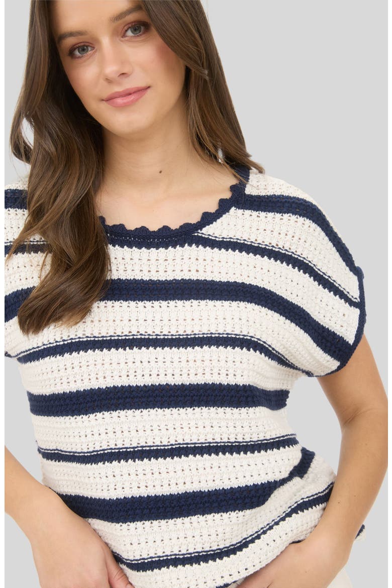 Cotton Stripe Short Sleeve Sweater, Alternate, color, NAVY