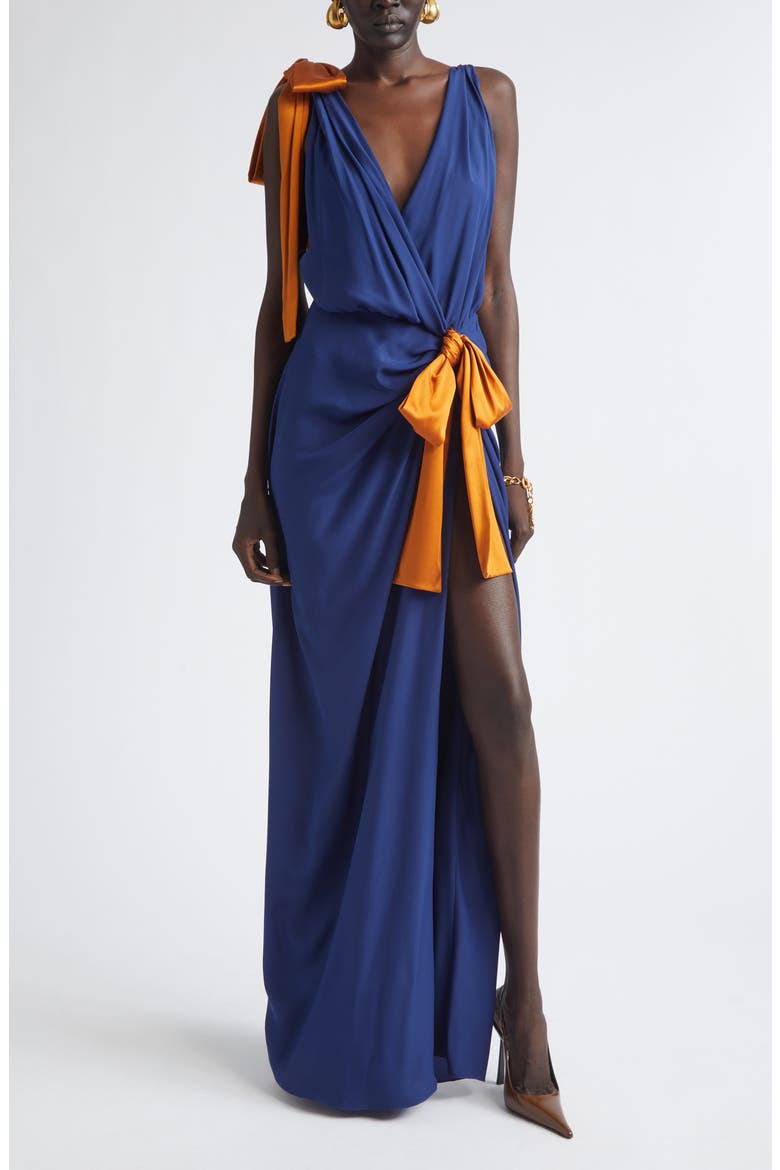 Bow Detail Silk Satin Wrap Maxi Dress, Main, color, INDIGO