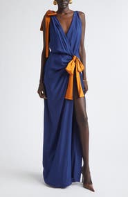 Saint Laurent Bow Detail Silk Satin Wrap Maxi Dress