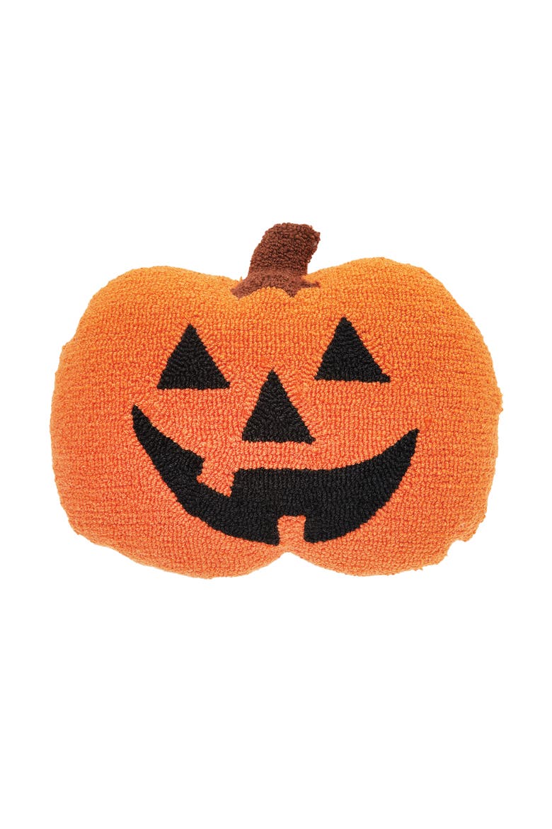 Jack O' Lantern Pumpkin Shaped Halloween Hooked Accent Throw Pillow 16" x 18", Main, color, Orange