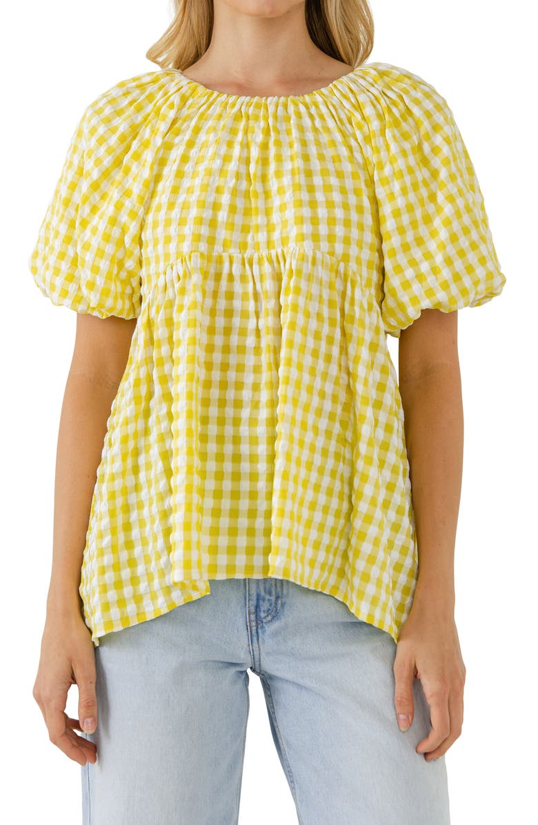 English Factory Textured Gingham Babydoll Top, Alternate, color, Yellow