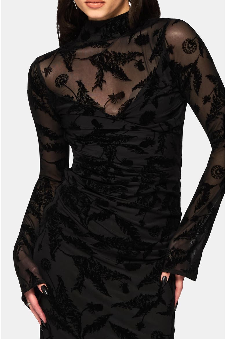 Cimora Dandelion Flocked Maxi Dress, Alternate, color, Black