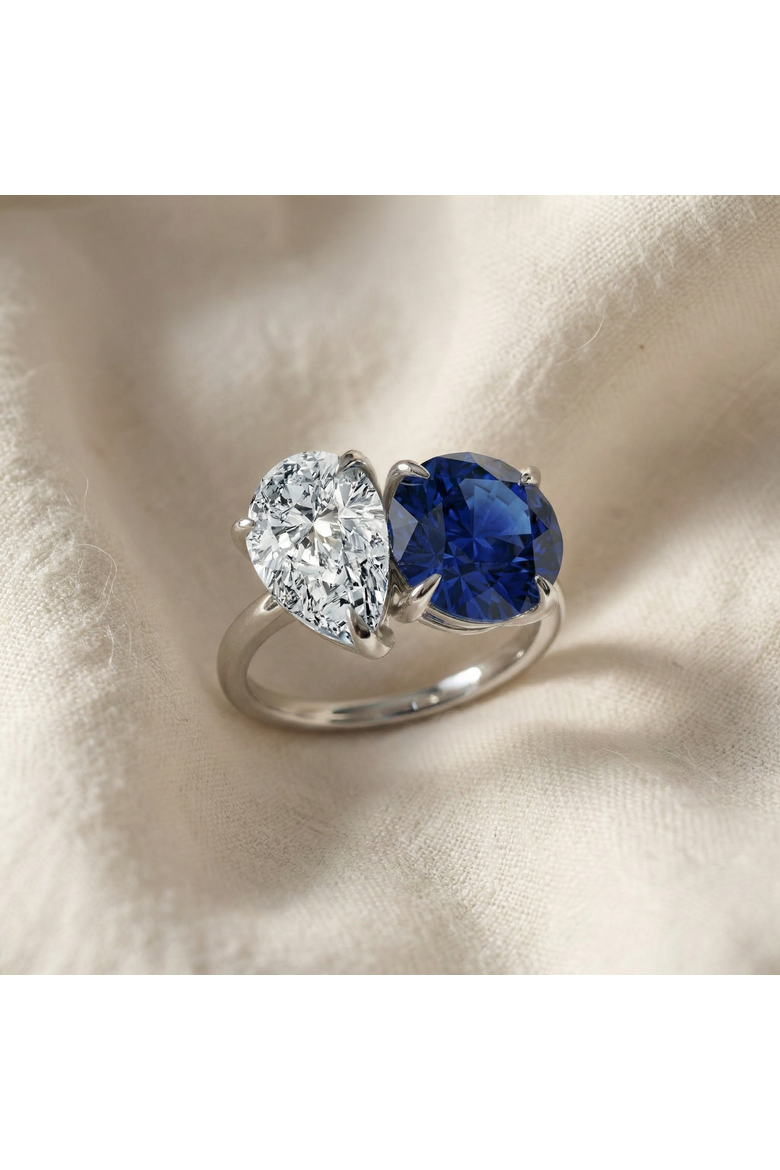 5 1/2Ct Certified Blue Sapphire & Diamond Toi Et Moi Diamond Ring Gold Lab Grown, Alternate, color, 14k White Gold