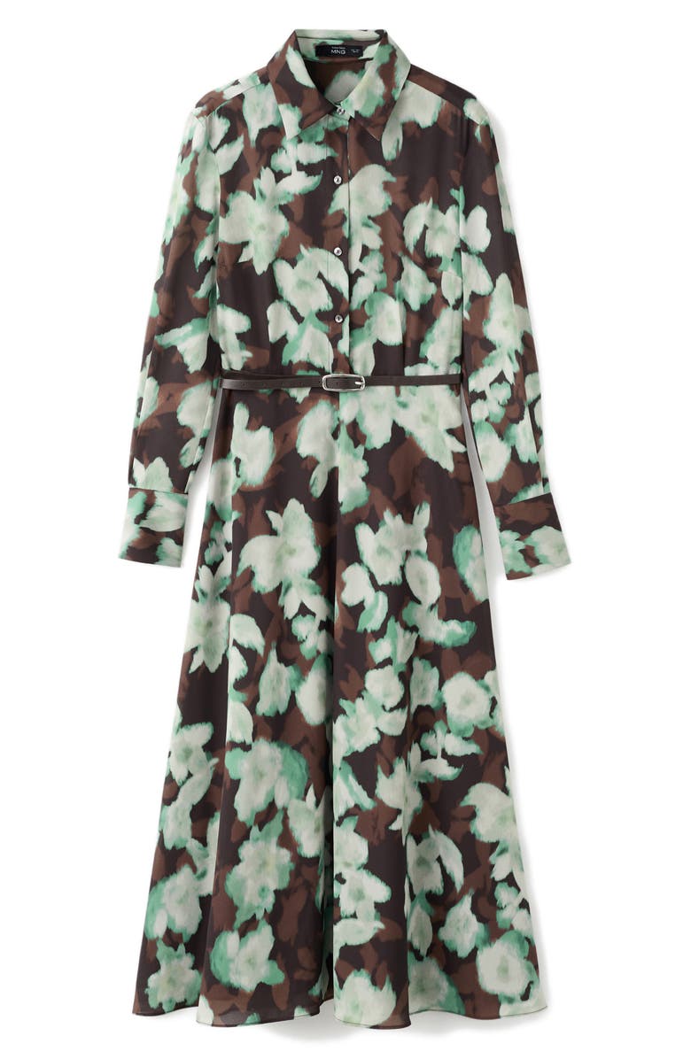 MANGO Print Belted Long Sleeve Maxi Shirtdress, Alternate, color, Teal And Brown Blooms