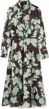 MANGO Print Belted Long Sleeve Maxi Shirtdress
