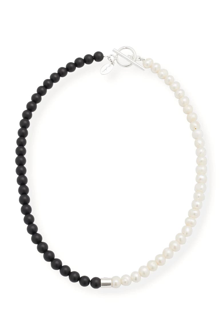 Diamond Accent Sterling Silver Freshwater Pearl And Black Agate Bead Necklace, Alternate, color, ONYX