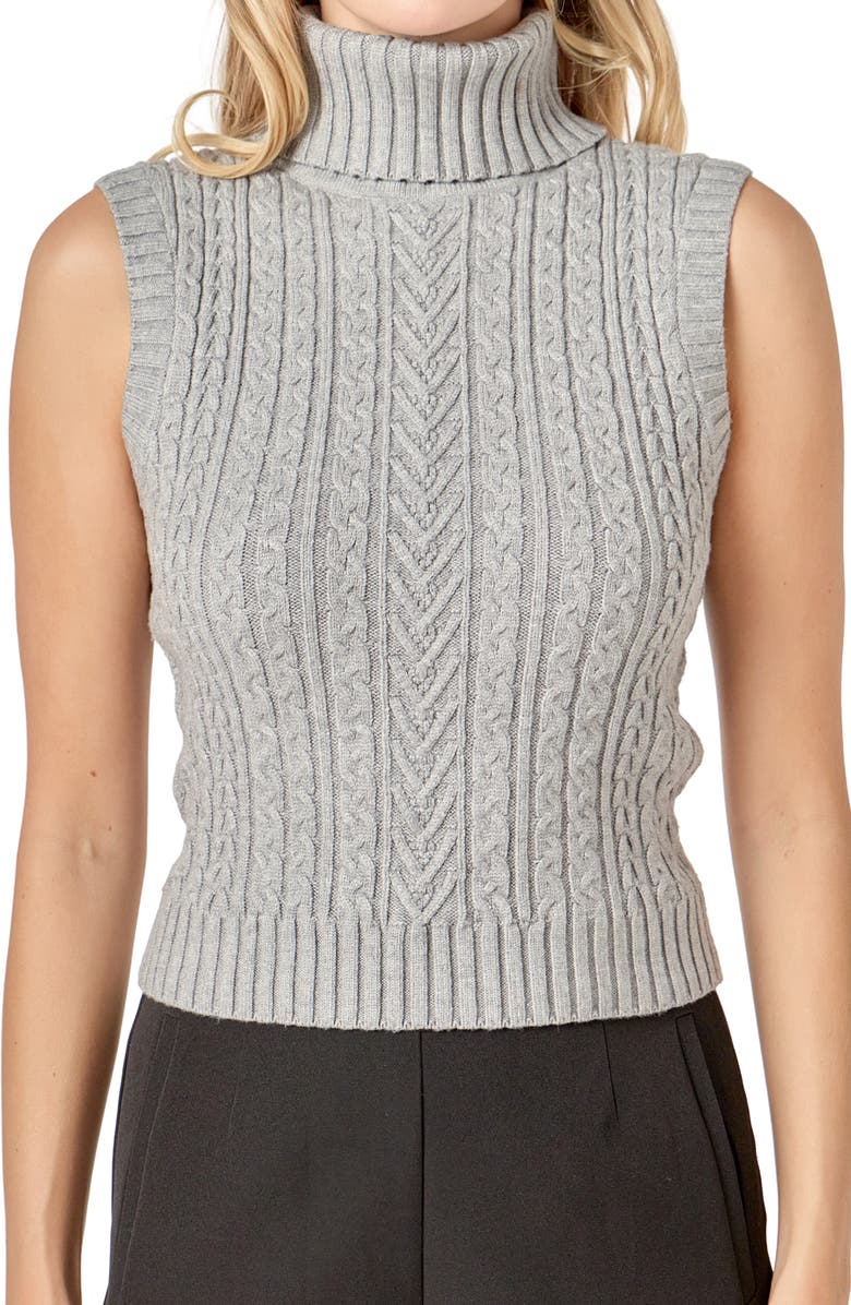 English Factory Cable Stitch Sleeveless Turtleneck Sweater, Alternate, color, Grey