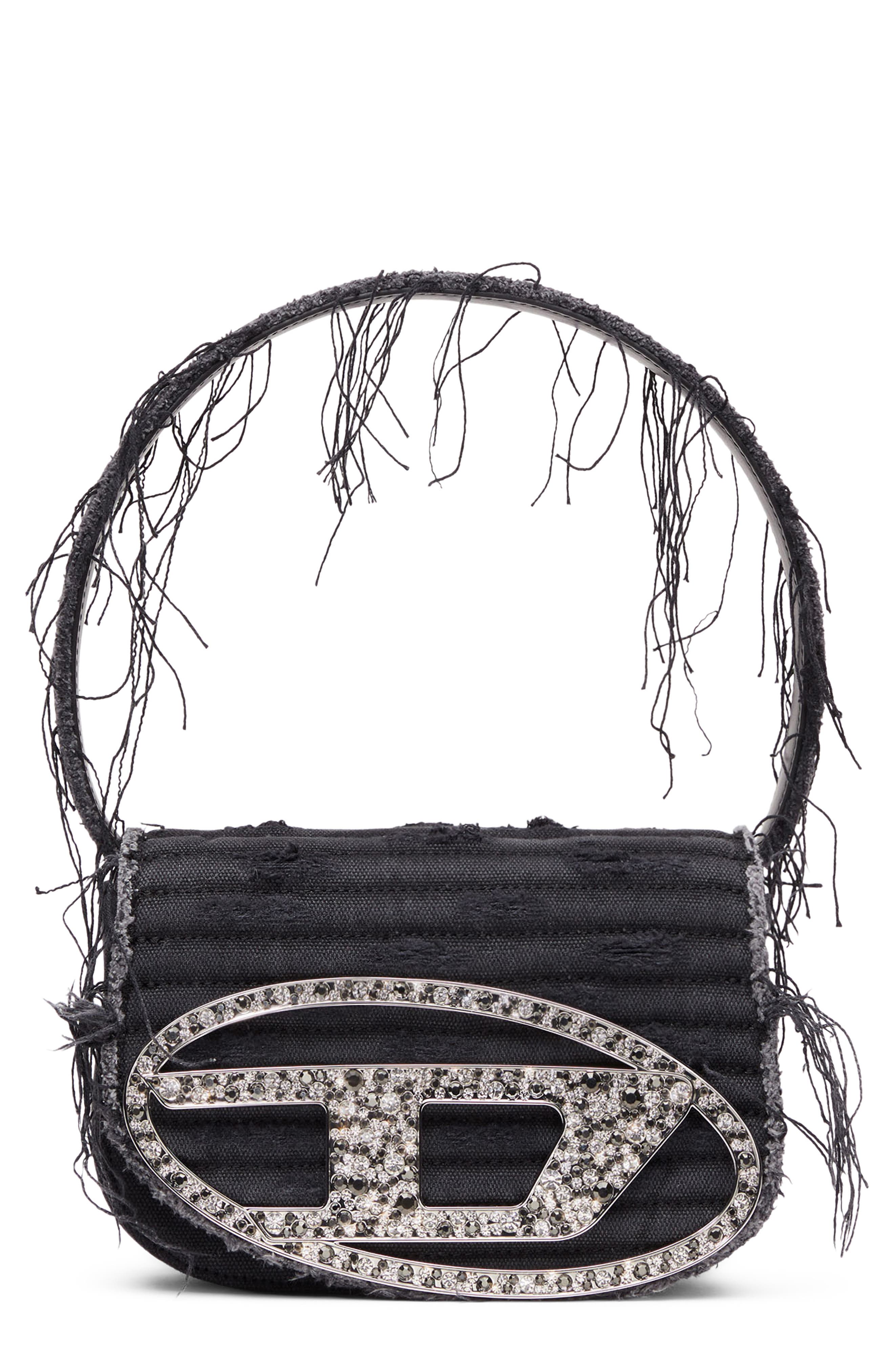 1DR Distressed Denim Shoulder Bag, Main, color, BLACK