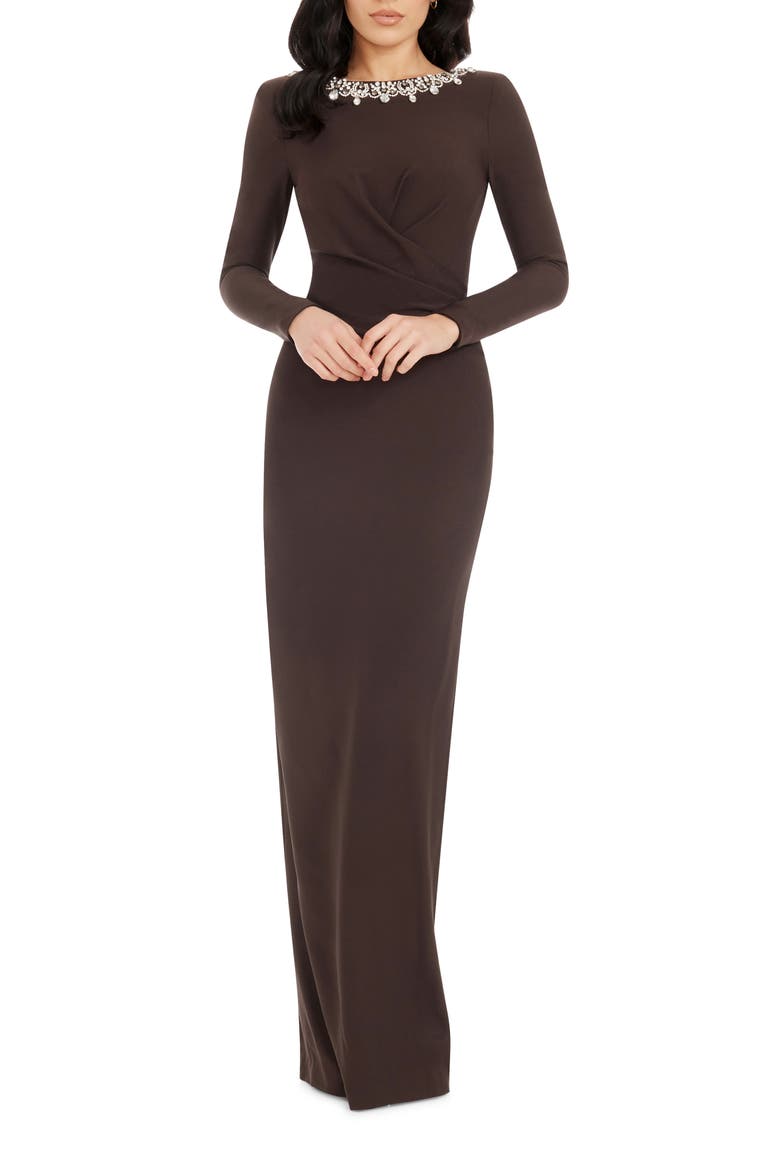 Anne Embellished Long Sleeve Column Gown, Main, color, MOCHA