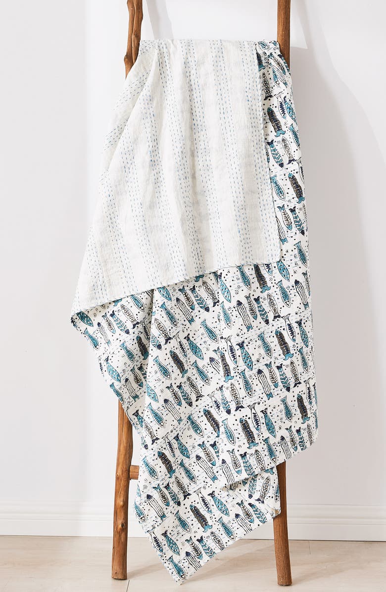 MELANGE HOME Fish Kantha Cotton Throw Blanket, Alternate, color, Indigo
