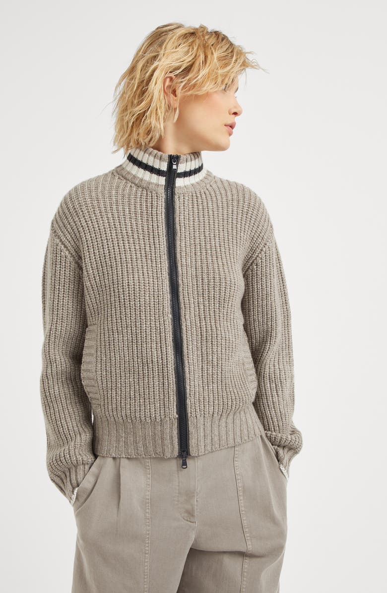 Brunello Cucinelli Cashmere Feather yarn English rib knit cardigan with shiny trims, Alternate, color, 