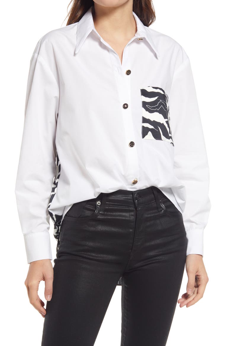 Contrast Print Poplin Cotton Blend Button-Up Shirt, Main, color, WHITE