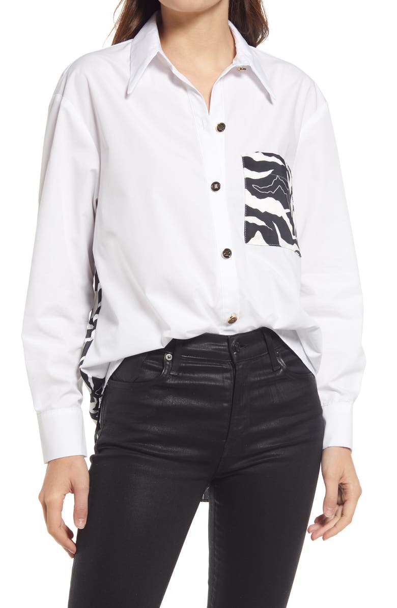 River Island Contrast Print Poplin Cotton Blend Button-Up Shirt, Main, color, 