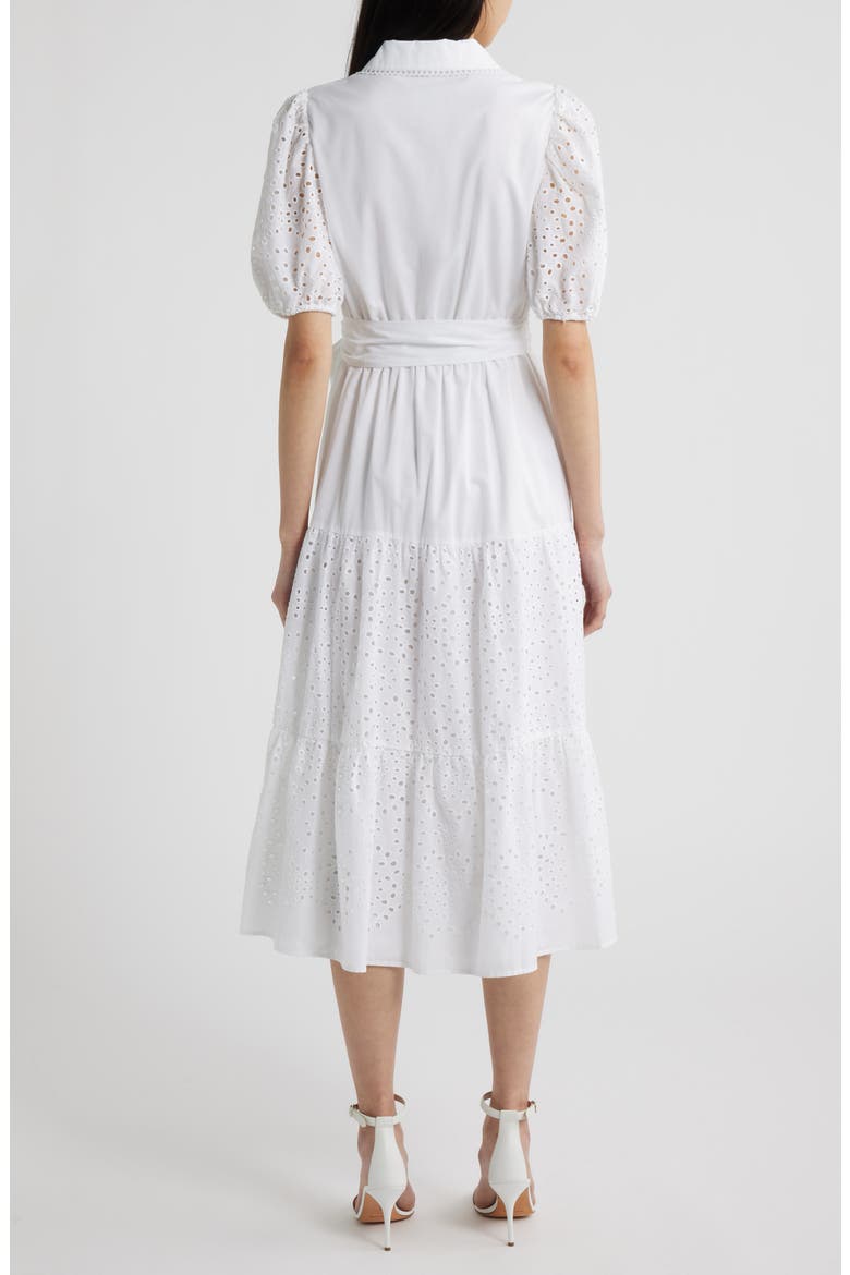 Eyelet Tie Waist Puff Sleeve Midi Dress, Alternate, color, CRISP WHITE