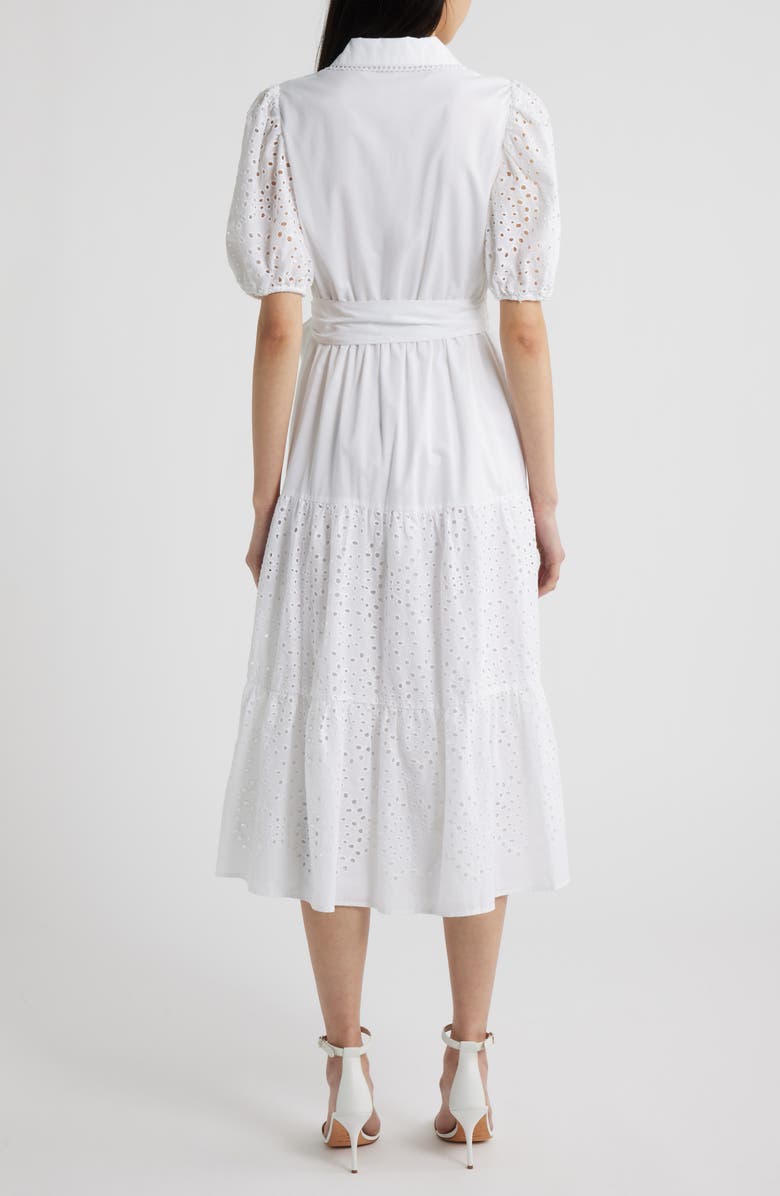 Anne Klein Eyelet Tie Waist Puff Sleeve Midi Dress, Alternate, color, Crisp White